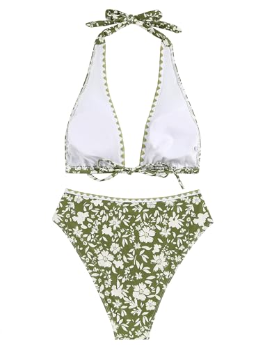 ZAFUL Womens High Waisted Bikini Sets Halter Floral Shell Stitch 2 Piece Swimsuits V Neck Tummy Control Bathing Suits2