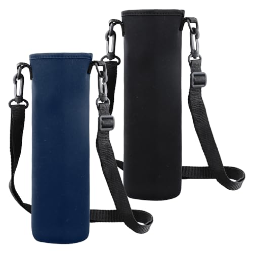 Shengxi 2 Pezzi Protezione per Bottiglia D'acqua, 8×25 CM Porta Borraccia Termica Custodia Antiscottatura Custodia con Tracolla Regolabile per Sport Escursioni Campeggio Viaggio (Nero+Blu)