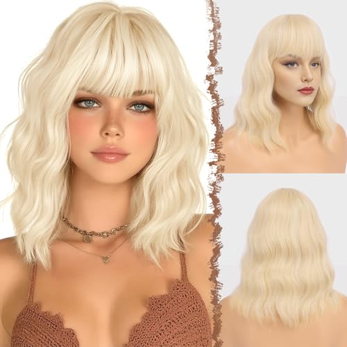 FESHFEN Pelucas Rubio Platino Ondulado con Flequillo para Mujer, 35 cm Peluca Bob Rizado Corta Sintética Pelucas de Cabello Parte Media Longitud del Hombro de Fiesta