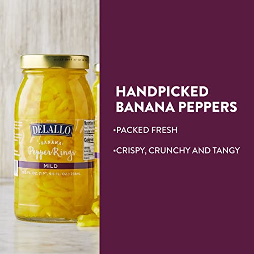 DeLallo Mild Banana Pepper Rings, 25.5 Ounce Jar 6 Pack, Zesty Yellow Pickled Pepper Rings for Pizzas & Sandwiches, 100% Cured, Non-GMO, Vegan, Grown in USA