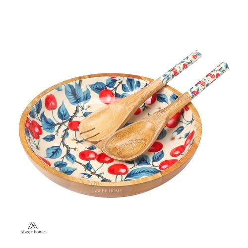 Image of Premium Wooden Bowl with Spoons -Cherry Design| Wooden Serving Bowl | Wooden Bowl | Wooden Sticker Bowl (12x12x3 Inch)