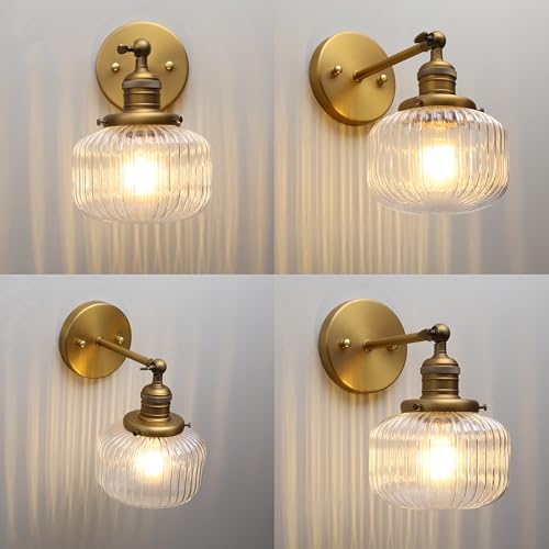 Image of Phansthy Vintage Hardwired Sconces Wall Lighting, Bathroom Vanity Light Fixtures Antique Brass, Modern Wall Light with Clear Striped Glass Shade for Bedroom Fireplace Hallway (Antique Gold, One-Light)