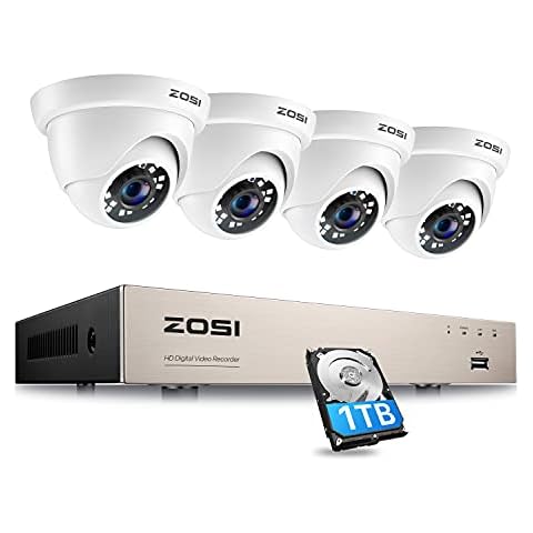 ZOSI 1080P Home Security CCTV Camera System, 4x 1080P 2MP Dome Security Camera 8CH H.265+ 5MP Lite Surveillance DVR System with 1TB Hard Drive, Weatherproof Cover