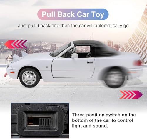 Image of 1:24 Mazda Miata MX-5 White Model Toy Car with Pullback, Removable Top, Blinking Lights with Sound and Bright Lights