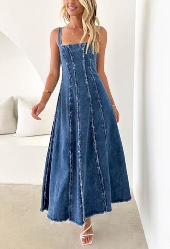 chouyatou Women's Adjustable Spaghetti Strap Maxi Long Denim Dress A-Line Swing Distressed Jean Sun Dress3