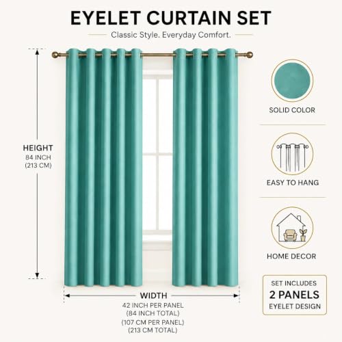 Image of Polyester Eyelet Door Curtain, Solid Plain Light Filtering Curtain for Bedroom, Living Room & Home Office, 7 Feet (84 x 48 Inch), Aqua, Pack of 2