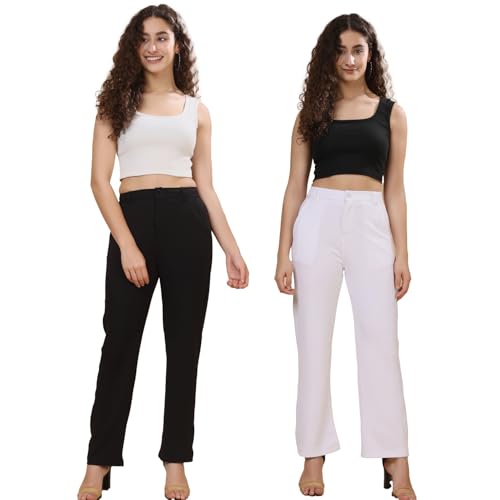 Image of Pack of 2 Women's Regular Fit Solid Cotton Blend Trousers - Soft, Breathable & Stretchable Bottom Wear for Office, Casual Outings & Daily Comfort