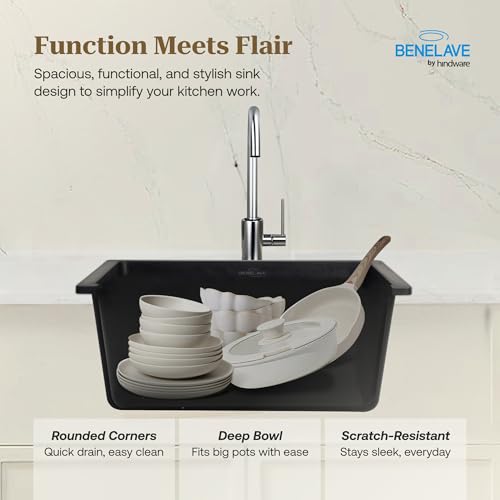 Image of Benelave by Hindware BLACP91005 Quartz Sink 21x18 for Kitchen | Single Bowl | Black Color | Better Sound Absorption for Quieter Use | 7-year Manufacturer Warranty