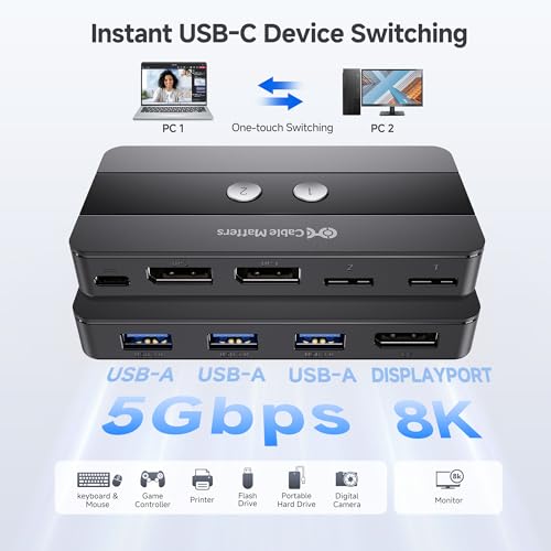 Image of Cable Matters USB 3.0 KVM Switch DisplayPort 1.4 for 2 Computers with 8K@60Hz / 4K@240Hz Display Port Video & 3X 5Gbps USB Ports, FreeSync, G-SYNC and HDR Support