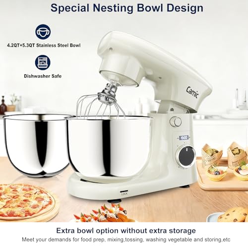 Image of Camic Stand Mixer, 4.2QT+5.3QT Two bowls Electric Food Mixer, 10 Speeds with Digital setting 3-IN-1 Kitchen Mixer for Baking Cakes Cookie Bread Salad with Egg Whisk,Dough Hook,Flat Beater (White)