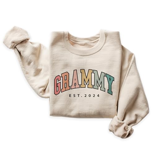 Aurlex Tees Custom Grammy Colorful Sweatshirt, Personalized Gifts For Women, Grammy Est Year Sweater, Mother's Day Shirt, Pregnancy Announcement Gift, Long Sleeve Unisex Crewneck Sweatshirt Sand