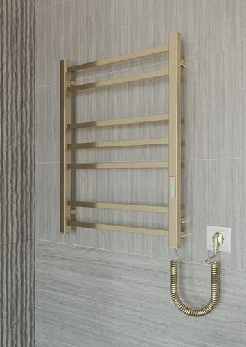 Elna - Radiador de toalla de oro de 130 W, eléctrico, 705 x 530 mm, para hoteles, estudios y apartamentos en alquiler - Acero inoxidable - Termostato, temporizador y eco - IP44 - Montaje en pared