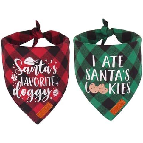 PTDECOR 2 Pack Dog Christmas Bandanas, Classic Red Green Plaid Dog Bandana Scarf Triangle Bibs Kerchief Christmas Dog Bandanas for Small Dogs Pets (Christmas, Small) Cover