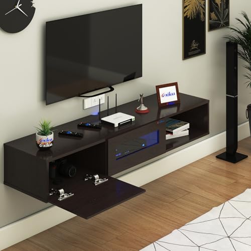 Image of Anikaa Strix Wall Mount Modern Floating TV Unit for Living Room with 3 Storage Cabinet & Blue LED Light (Ideal for 32 to 55 inch TV, DIY Installation, Wenge Finish)