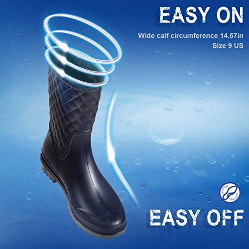 Petrass Women Rain Boots Black Waterproof Mid Calf Lightweight Cute Booties Fashion Out Work Comfortable Garden Shoes, Navy 5 #TOP1