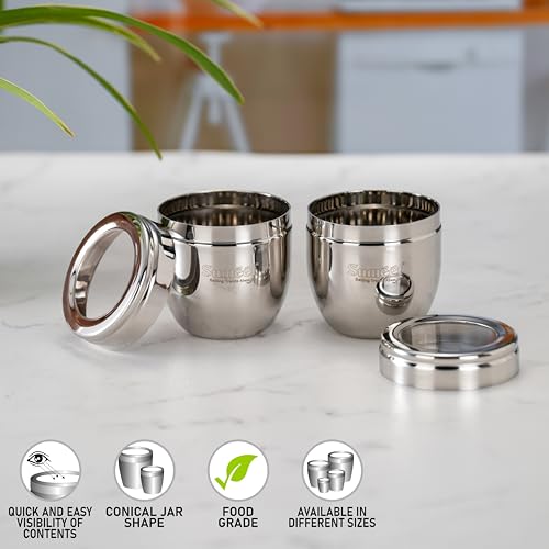 Image of Sumeet Stainless Steel Conical Shape Canisters /Dabba /Storage Containers for Kitchen with See Through Lid, Set of 2 Pcs, 250ml Each, 7cm Dia, Silver