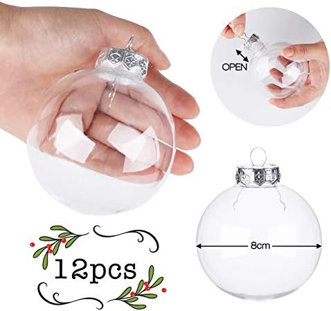 ilauke 12pcs Christmas Ball Clear Plastic Transparent Balls Ornaments DIY Fillable Craft Ball Baubles for Wedding Party Christmas Home Decor (8cm