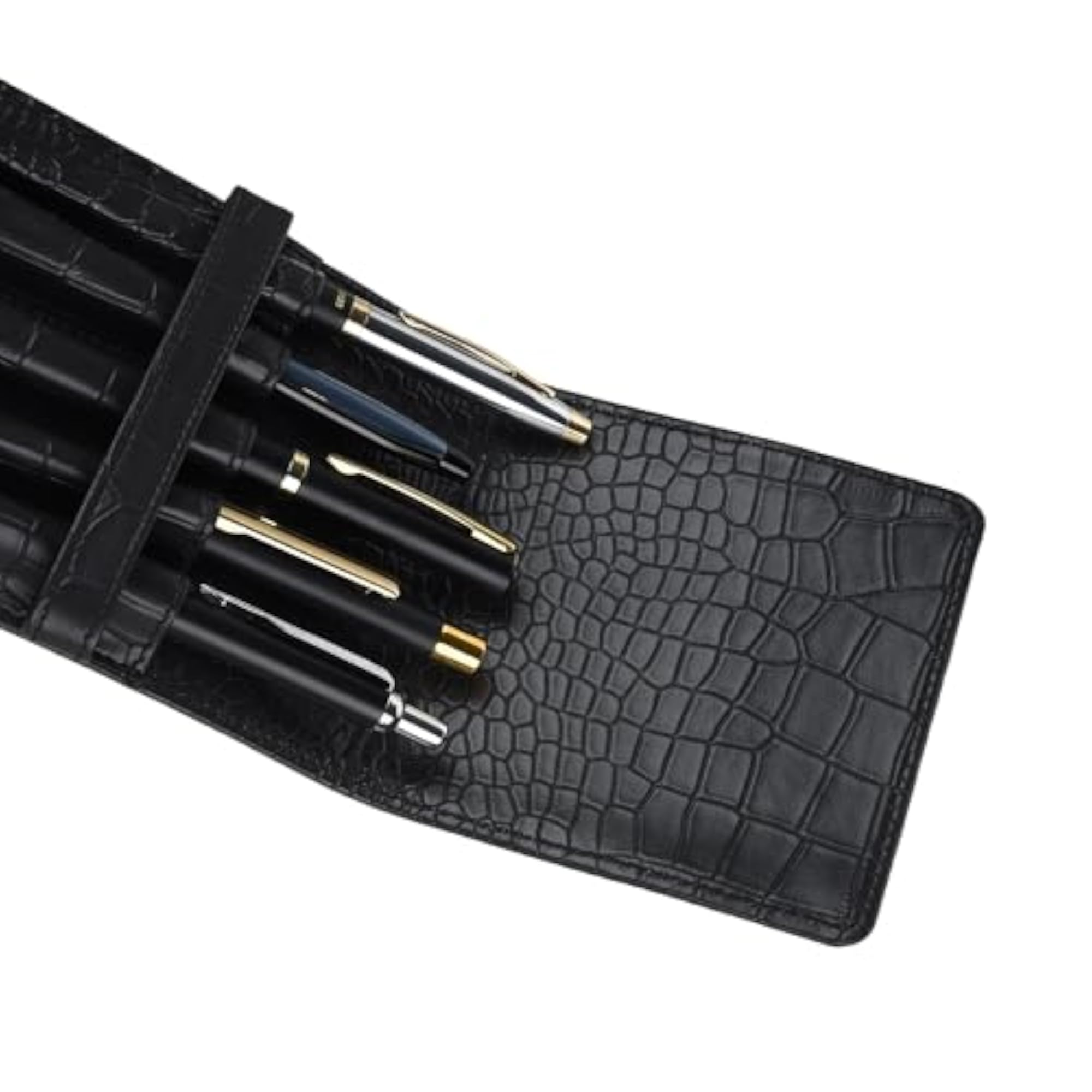 PU Leather Pen Holder for 5 Pens, Colour Croco-Black