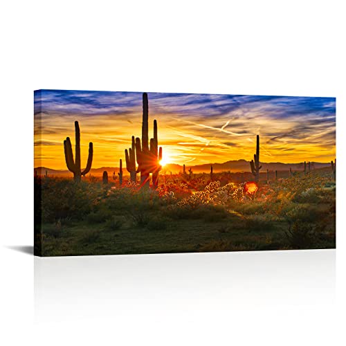 Vanseeing Modern Canvas Wall Art Golden Sunset In Arizona Sonoran Desert Landscape Painting Saguaro Cactus Pictures Print On Canvas Botanical Southwest Decor For Bedroom Living Room Office Ready To Hang 20X40Inch #TOP15