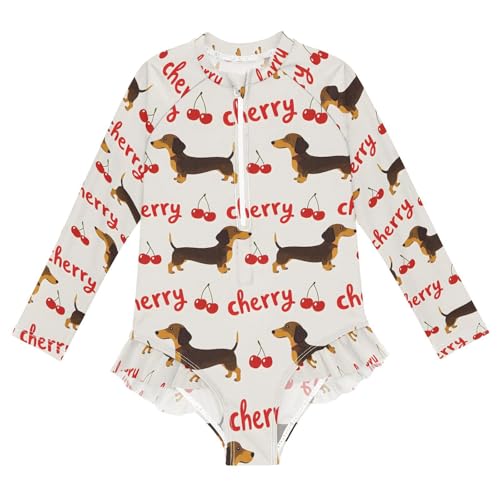 ALAZA Dachshund Dog Cherry Girls One Piece Swimsuit Long Sleeve Rash Guard Swimsuits UV 50+ Swimwear Zipper