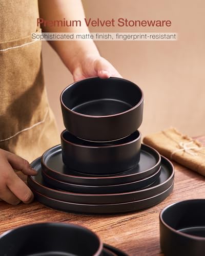 Image of Famiware Nebula Ridge Stoneware Dinnerware Sets for 8, 24 Pieces Plates and Bowls Sets, Dishes Set, Microwave and Dishwasher Safe Kitchen Plates, Matte Black