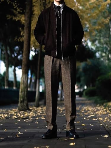 Ceehuteey Men's High Waisted Tweed Pleated Front Dress Pants Wool Trousers2