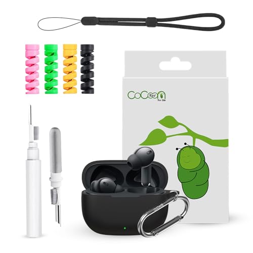 Image of Silicone Case Cover for Realme Buds T310 | Buds N1 with Cleaner Kit, Lanyard & 4 Pcs Cable Protectors (Black)
