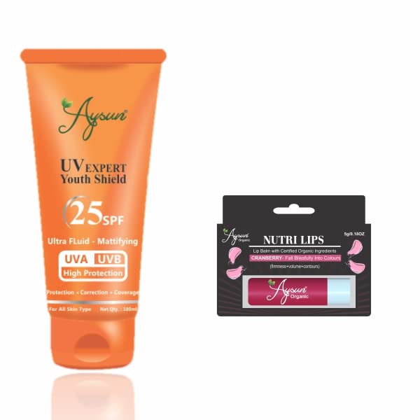 AysunCombo Pack of UV Expert Youth Shield 25SPF & Cranberry Nutri Lip Balm Pack of 2