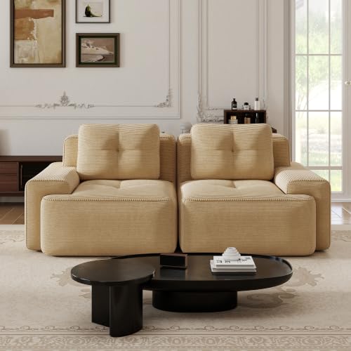 Image of 82 inch Modern Modular Boneless Couch for Living Room, 2 Seat, Soft Corduroy Fabric, Deep Seat Cloud sectional Sofa with Pearl Like Piping and Tufted Design, No Assembly, Anti Slip, Camel
