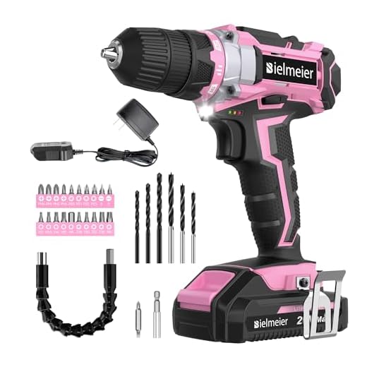 Bielmeier 20V MAX Cordless Electric Drill Set with LED Light - Electric Drill, Variable Speed,64+1 Position,3/8" Keyless Chuck,Flex Shaft, 28pcs Drill Bits,Battery & Charger Included(Pink)