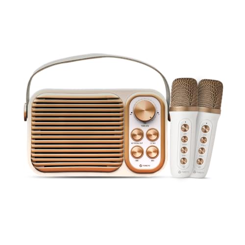 Toreto Retromini Wireless Bluetooth Speaker 14watt with Dual Wireless Karaoke Mic | Fast Charging | Voice Changing Feature | Deep Bass I USB I Aux I Outdoor Speaker | Carrying Strap (Rose Gold)