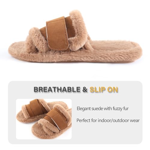 Image of Fur Story Women's Furry Slippers Open Toe Fuzzy Slippers Memory Foam Fluffy House Sandal