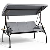 Oakcloud 3-Seat Outdoor Porch Swing,Large Converting Swing Chair with Adjustable Canopy,Patio Swing Glider with Thicken Cushions & Pillows for Poolside Balcony Backyard (Grey)