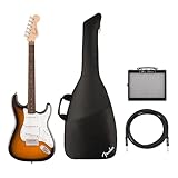 Fender Squier Debut Series Stratocaster Electric Guitar, Beginner 2-Color Sunburst With Matte Finish + Gig Bag + Mini Deluxe Amp + Cable 10 ft, Black