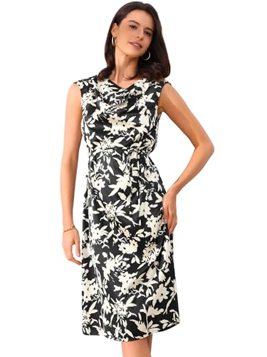 Image of Allegra K Elegant Floral Dress for Women's Vintage Cowl Neck Cap Sleeve Cocktail Tie Waist Shift Midi Dress