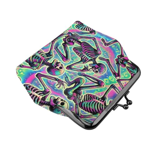 Pu Leather Buckle Coin Purse Psychedelic-Halloween-Skeletons Girls Kiss-Lock Change Purse Wallets3