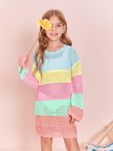 Image of Batermoon Girls Crochet Long Sleeve Swimsuit Cover Up Kids Fashion Hollow Out Swimwear Beach Dress 5-14 Years