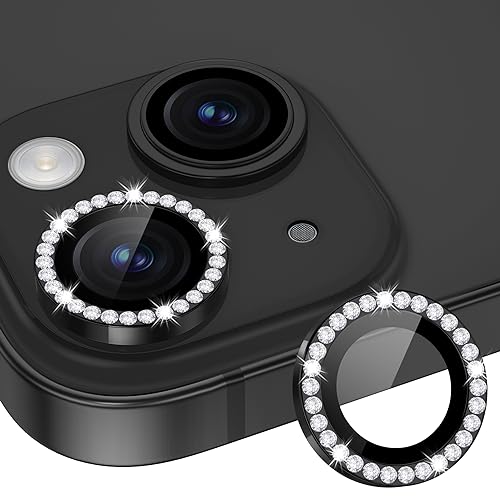 Image of Glass Camera Lens Protector Compatible For Iphone 15 /15 Plus Bling,Individual Metal Diamond Ring 9H Hardness Scratchproof Protector,Stylish Accessories,Case Friendly(Black Diamond)