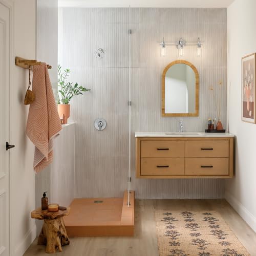 Image of Kichler Kavi 3-Light Bathroom Vanity Light, Chrome | Damp-rated vanity light with clear glass for bathroom mirrors (23 inch x 10 inch), 55211CH