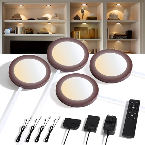 V4light Smart Plug-in LED Puck Lights Brown, Ultra-Thin Under Cabinet Lighting for Kitchen, Closet & Shelf, App, Voice & Hand Control, Compatible with Alexa & Google Home, Dimmable Warm to Cool White
