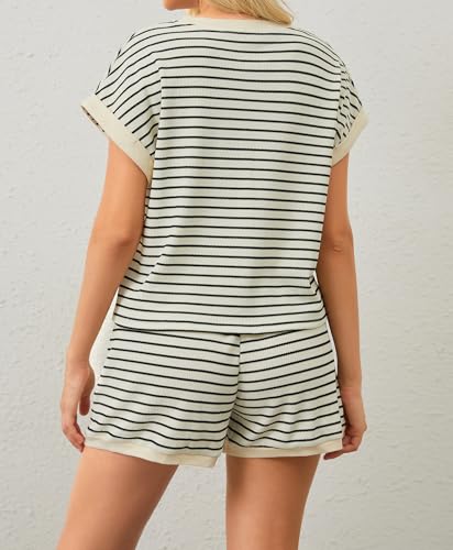 Image of Burtell Women Summer 2 Piece Lounge Sets Striped Short Sleeve Tee Shirts Mini Shorts Loungewear Shorts Set Ribbed Pajama Set