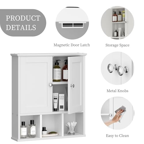 Shintenchi Bathroom Wall Cabinet with Door, Storage Organizer Over The Toilet Medicine, Space Saving with Adjustable & Open Shelf, Solid White - Image 5