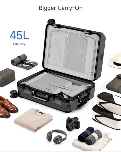 Image of LUGGEX Carry On Luggage with Spinner Wheels, 8010S Aluminum Frame Zipperless Polycarbonate Hard Shell Suitcase (ZX-Core, Black, 21 Inch)