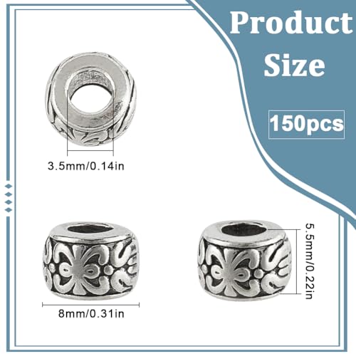 1 Box 150Pcs 3.5mm Large Hole Spacer Beads 8mm Silver European Rondelle Bead Bulk Antique Tibetan Metal Column Barrel Charm Beads for Bracelets Earrings Necklace Jewelry Making Snake Chain