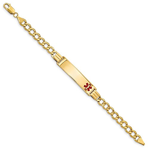 14k Yellow Gold RN Registered Nurse Caduceus Symbol Medical Red Enamel Curb Cuban Link 5.9mm ID Emergency Alert Bracelet Engravable Identification Name Bar Tag - with Secure Lobster Lock Clasp 8\"