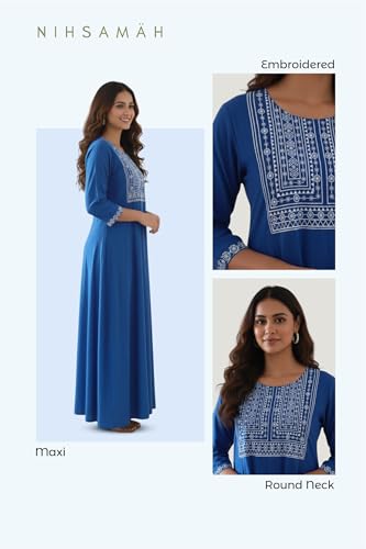 Image of NIHSAMAH Viscose Nighty for Women, Embroidered & Printed Stylish Night Gown, Long Sleeve Comfortable Sleepwear Long Nightwear, Maxi