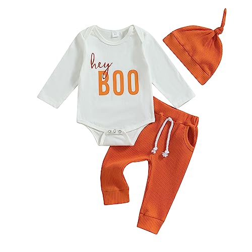 Image of Lucikamy Newborn Baby Boy Halloween Outfit Pumpkin Print Long Sleeve Romper + Pants Hat Infant Halloween Clothes Set