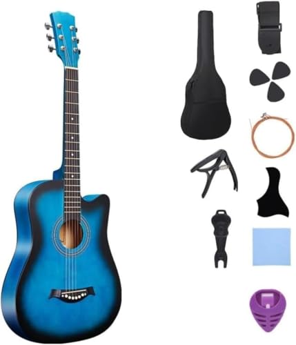 アコースティック 10点セット 学生 大人用 初級 アコギセット 38インチ 入門練習 学生、子供、大人向けの初心者練習用ギター、用セット、、アコースティック、弦、チューナー (ダークブルー)
