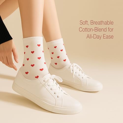 Image of Women's Cute Heart Pattern Crew Socks - 3 Pairs Colorful Novelty Gift Set - Soft Cotton Cozy Socks for Casual Wear