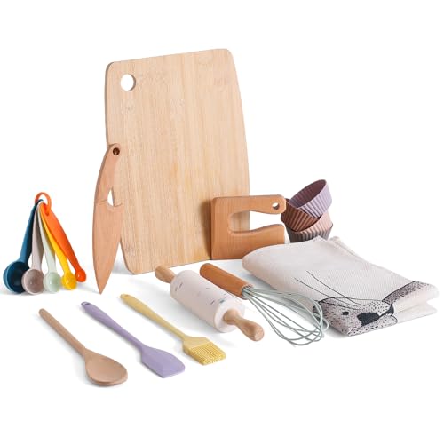 Promise Babe Kids Knife Set for Real Cooking and Baking, 14 Pcs Food Grade Montessori Kitchen Tools, Toddler Kitchen Tools with Safe Toddler Knife Set, Cutting Board, Kids Apron and Rolling Pin